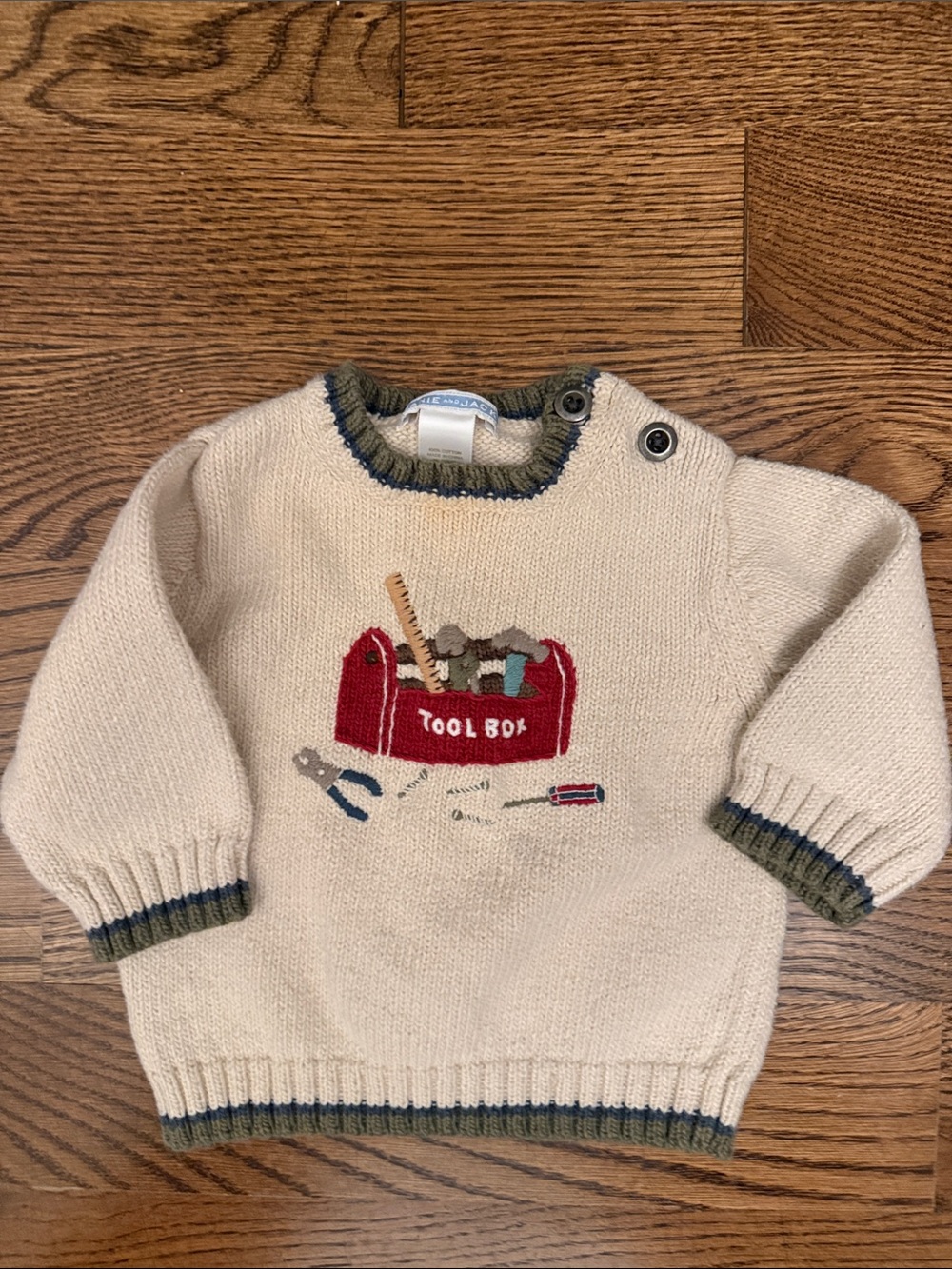 Janie and Jack Cream Sweater with Red Toolbox Motif